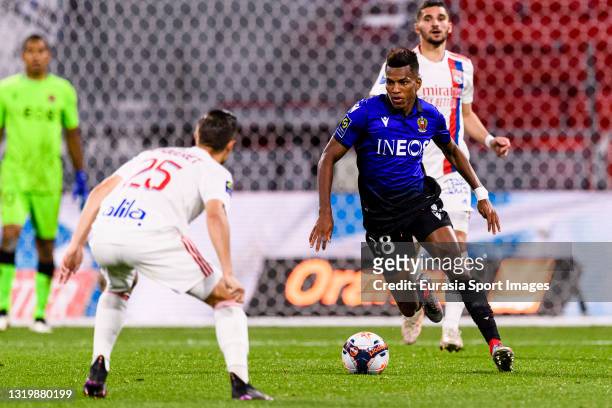 Hicham Boudaoui of Nice in action during the Ligue 1 match between Olympique Lyon and OGC Nice at Groupama Stadium on May 23, 2021 in Lyon, France.