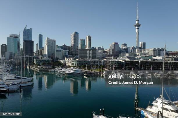 General nightime view of the Auckland skyline as seen from the new Park Hyatt hotel in the Viaduct Basin area of the city on May 16, 2021 in...