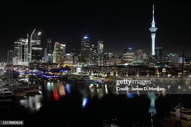 General nightime view of the Auckland skyline as seen from the new Park Hyatt hotel in the Viaduct Basin area of the city on May 15, 2021 in...