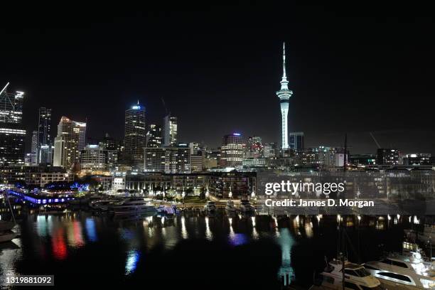 General nightime view of the Auckland skyline as seen from the new Park Hyatt hotel in the Viaduct Basin area of the city on May 15, 2021 in...