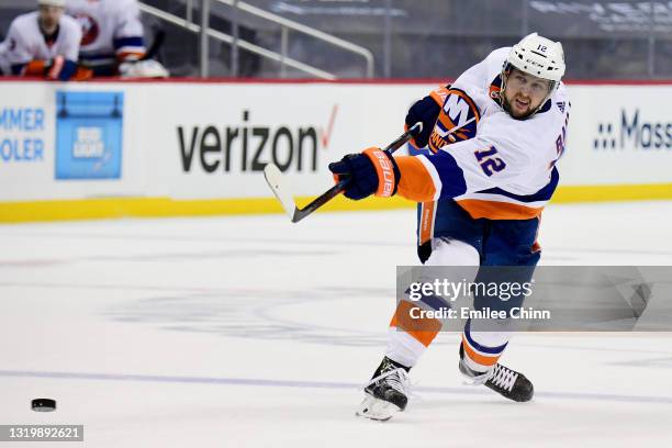 Josh Bailey of the New York Islanders takes a shot on goal against the Pittsburgh Penguins during the third period in Game Five of the First Round of...