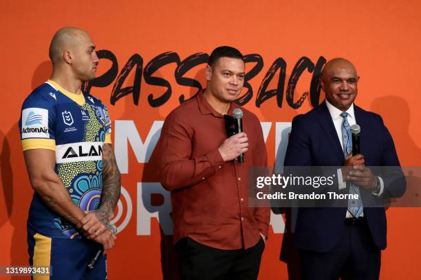 Blake Ferguson of the Eels speaks, former players Timana Tahu and Ricky Walford speak during the NRL Indigenous Round Launch at Rugby League Central...