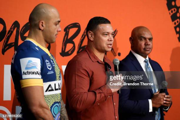 Blake Ferguson of the Eels speaks, former players Timana Tahu and Ricky Walford speak during the NRL Indigenous Round Launch at Rugby League Central...