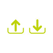 Green arrows in box. up and down. flat icons set isolated on white. point down button. south sign.