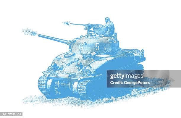 ilustrações, clipart, desenhos animados e ícones de wwii m5 stuart tank disparando armas na praia de omaha - normandia