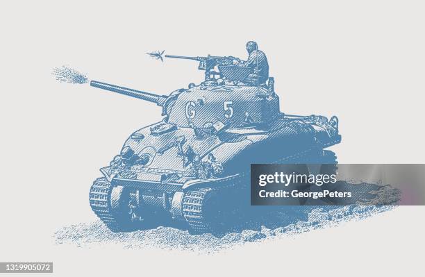 ilustrações, clipart, desenhos animados e ícones de wwii m5 stuart tank disparando armas na praia de omaha - normandy invasion