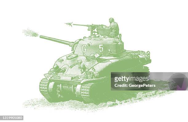 wwii m5 stuart tank firing weapons on omaha beach - allied forces stock illustrations