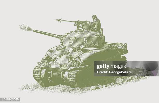 wwii m5 stuart tank firing weapons on omaha beach - d day 1944 stock illustrations