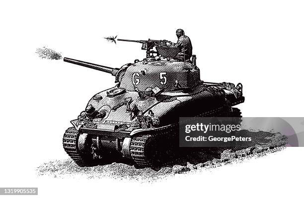 ilustrações, clipart, desenhos animados e ícones de wwii m5 stuart tank disparando armas na praia de omaha - normandy invasion