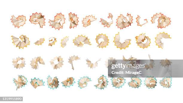 pencil shavings collection isolated on white - sharpening stock-fotos und bilder