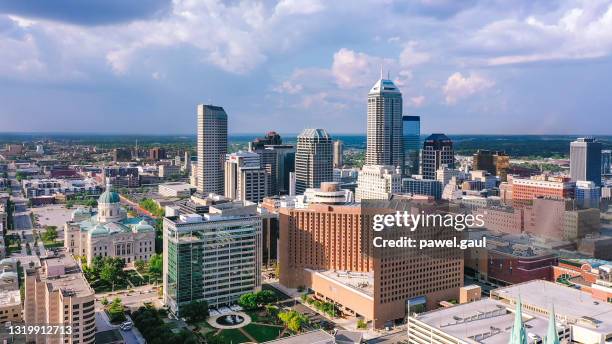 aerial view of indianapolis downtown with statehouse in indiana - indianapolis city stock pictures, royalty-free photos & images