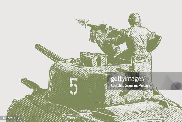illustrations, cliparts, dessins animés et icônes de wwii m5 stuart tank tir d’armes sur omaha beach - d day