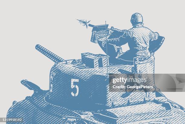 wwii m5 stuart tank firing weapons on omaha beach - 1944 stock illustrations