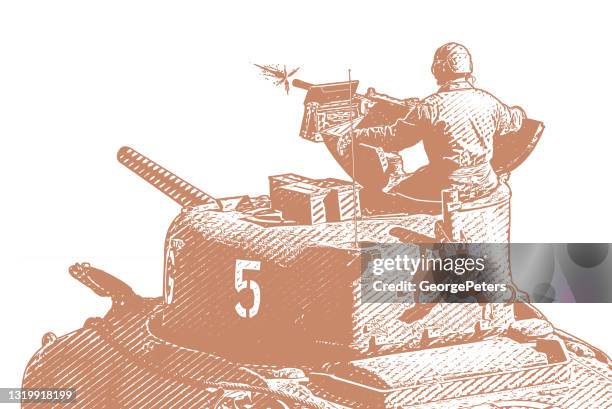 ilustrações, clipart, desenhos animados e ícones de wwii m5 stuart tank disparando armas na praia de omaha - normandy invasion