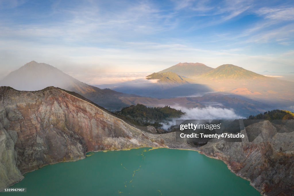 Aerial view of Misty Volcano of Kawah Ijen crater in East Java, Indonesia
