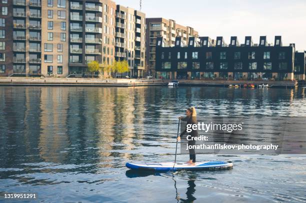 female sup paddle-boarding in ocean - copenhagen people stock pictures, royalty-free photos & images