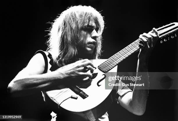 Steve Howe of Yes performs on stage at Wembley Empire Pool during their 'Going for the One' tour in London, England, on October 24th, 1977.