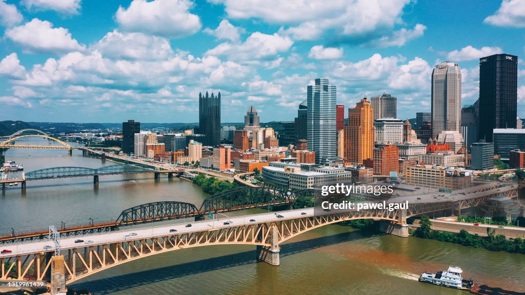 Freedom bridge in Pittsburgh city Pennsylvania downtown aerial view