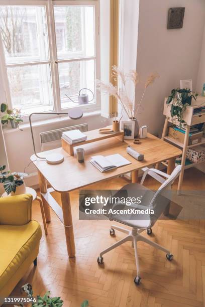 brightly lit home office and window - tidy desk stock pictures, royalty-free photos & images