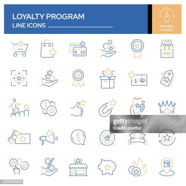 set of loyalty program related line icons. outline symbol collection, editable stroke - loyalty card stock illustrations