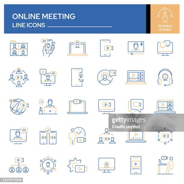 set of online meeting and video call related line icons. outline symbol collection, editable stroke - working from home icon stock illustrations
