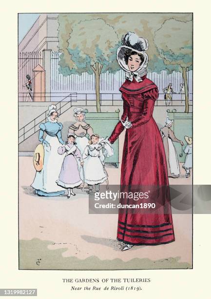 young woman in red dress, bonnet, walking gardens of the tuileries, paris, fashion of early 19th century - jardin des tuileries stock illustrations