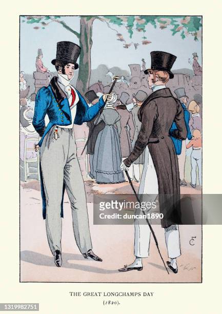 men wearing trousers, jacket with tails, top hat, fashion 1820s, paris, france - tail coat stock illustrations