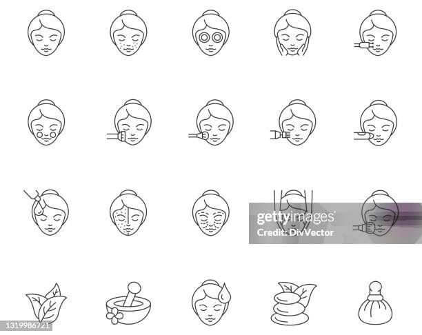 illustrazioni stock, clip art, cartoni animati e icone di tendenza di set di icone per la cura della pelle - face