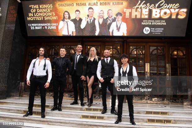 Graziano Di Prima, Pasha Kovalev, Aljaz Skorjanec, Nadiya Bychkova, Robin Windsor and Karim Zeroual pose during the "Here Come The Boys" photocall at...