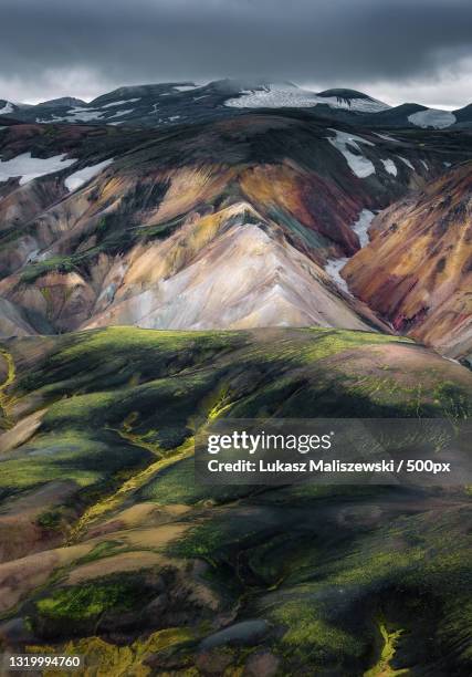 scenic view of landscape against cloudy sky,landmannalaugar,iceland - landmannalaugar stockfoto's en -beelden