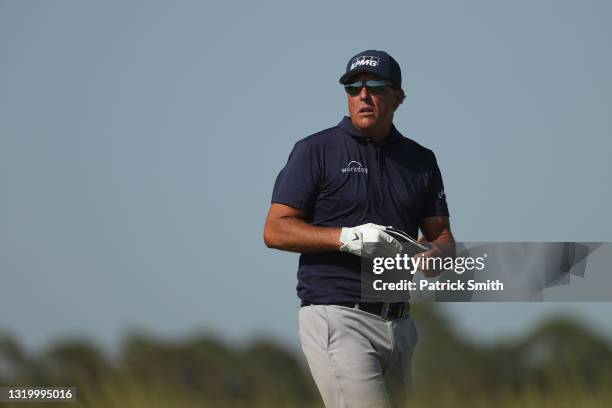 Phil Mickelson of the United States looks on during the final round of the 2021 PGA Championship held at the Ocean Course of Kiawah Island Golf...