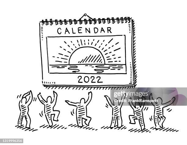 ilustraciones, imágenes clip art, dibujos animados e iconos de stock de calendario optimista feliz figuras dibujando - calendario pared