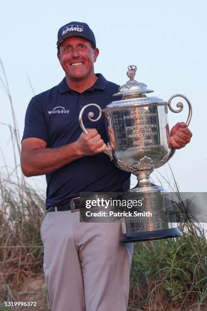 Phil Mickelson of the United States poses with the Wanamaker Trophy after winning during the final round of the 2021 PGA Championship held at the...