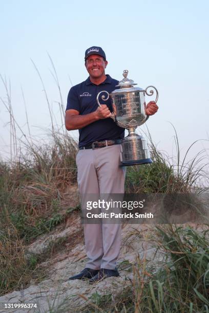 Phil Mickelson of the United States poses with the Wanamaker Trophy after winning during the final round of the 2021 PGA Championship held at the...