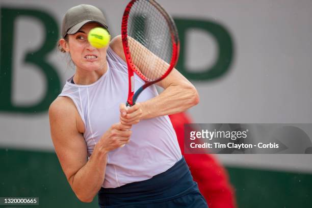May 25. Rebecca Marino of Canada in action against Claire Liu of the United States on the second day of the qualifying tournament at the 2021 French...