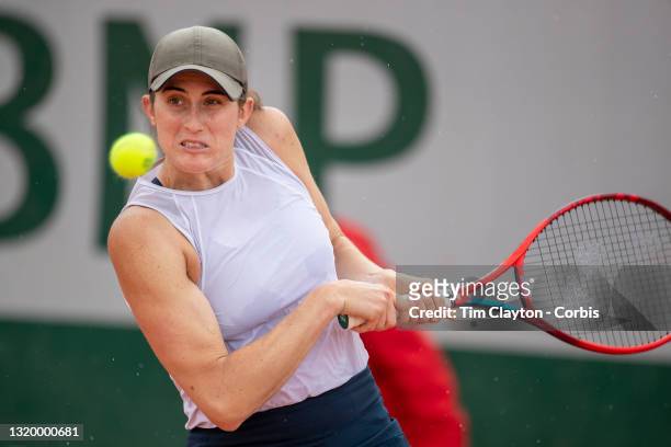 May 25. Rebecca Marino of Canada in action against Claire Liu of the United States on the second day of the qualifying tournament at the 2021 French...