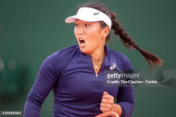 May 25. Claire Liu of the United States celebrates her victory against Rebecca Marino of Canada on the second day of the qualifying tournament at the...