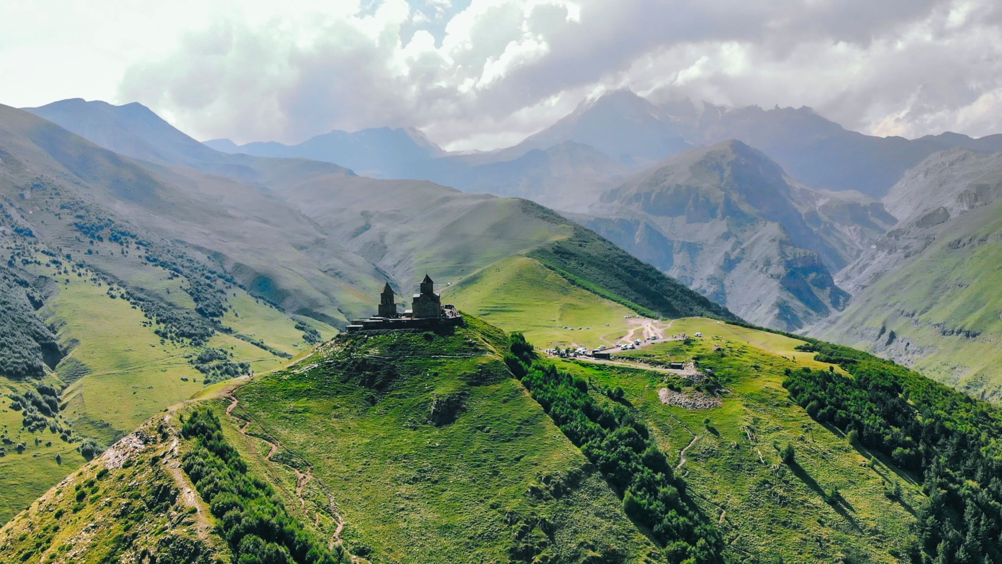 Aerial of Gergeti Trinity Church, Georgia Aerial of Gergeti Trinity Church, Georgia