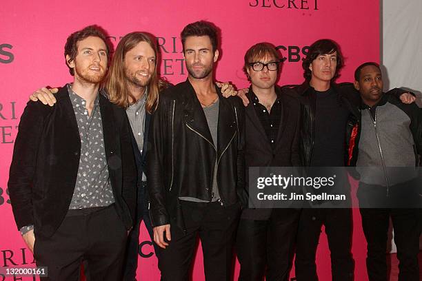 Musicians Jesse Carmichael,James Valentine, Adam Levine, Mickey Madden, Matt Flynn and PJ Morton of the group Maroon 5 attend the 2011 Victoria's...