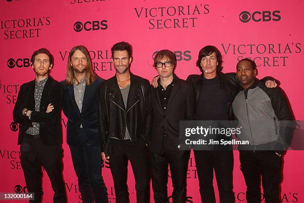 Musicians Jesse Carmichael,James Valentine, Adam Levine, Mickey Madden, Matt Flynn and PJ Morton of the group Maroon 5 attend the 2011 Victoria's...