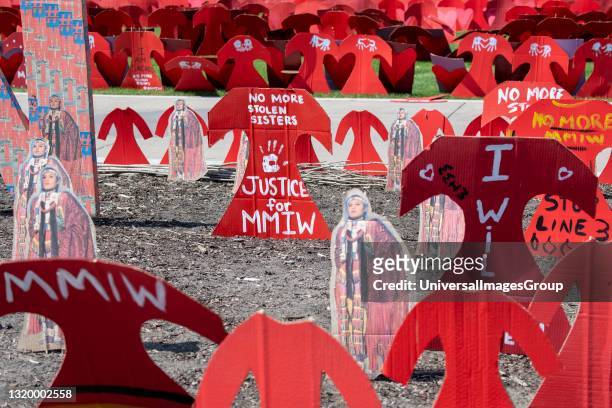 St. Paul, Minnesota. Memorial to the missing and murdered Indigenous women. Thousands of cardboard red dresses were set out on the State Capitol lawn...