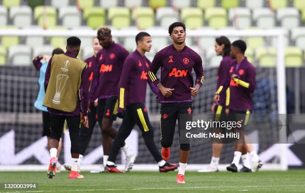 Marcus Rashford of Manchester United reacts during the Manchester United Training Session ahead of the UEFA Europa League Final between Villarreal CF...