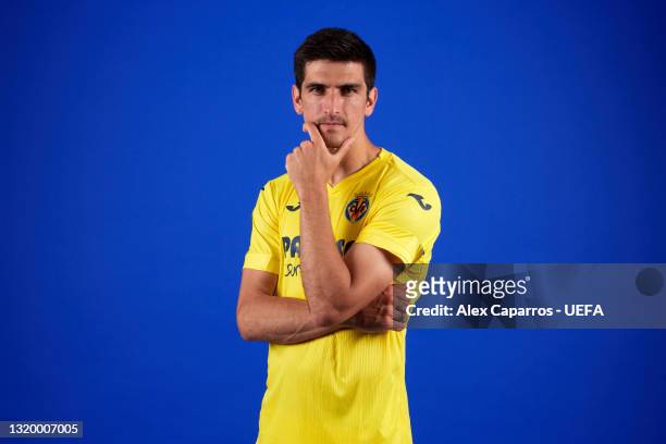 Gerard Moreno of Villarreal poses for a photo during a Villarreal CF Access Day ahead of the UEFA Europa League Final between Villarreal CF and...