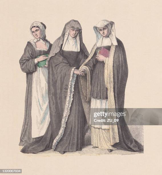 religious habit, benedictine sisters, hand-colored wood engraving, published ca. 1880 - nun stock illustrations