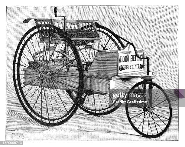 vintage tricycle electric car 1894 - trishaw stock illustrations
