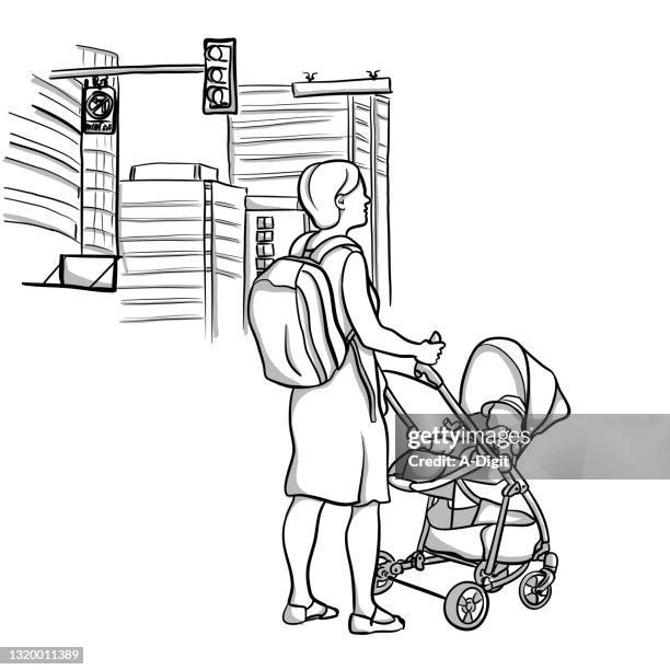 mom-stroller - backpack city stock illustrations