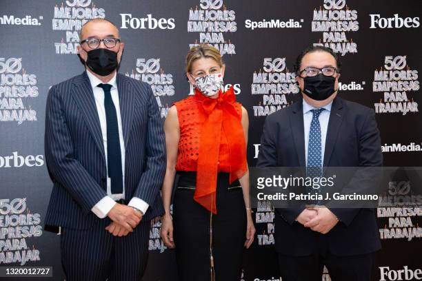 Andres Rodriguez, CEO and editor of Spainmedia; Yolanda Diaz, Third Vice-President and Minister of Labour and Social Economy; and Ignacio Quintana,...