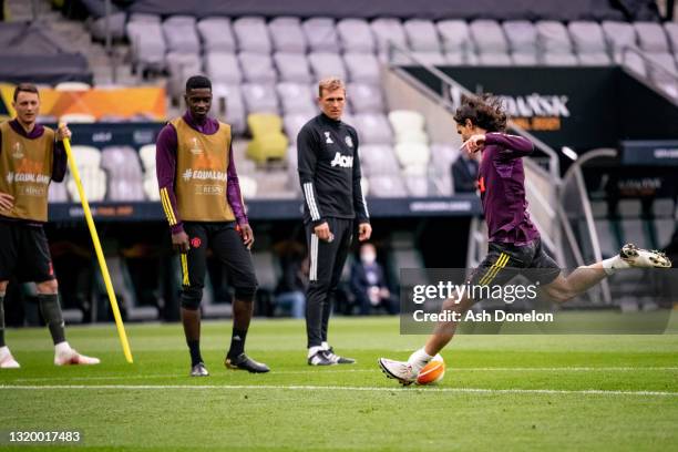 Edinson Cavani of Manchester United in action during a first team training session ahead of the UEFA Europa League Final between Villareal CF and...