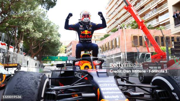Max Verstappen of the Netherlands and Red Bull Racing celebrates winning the F1 Grand Prix of Monaco in parc ferme at Circuit de Monaco on May 23,...
