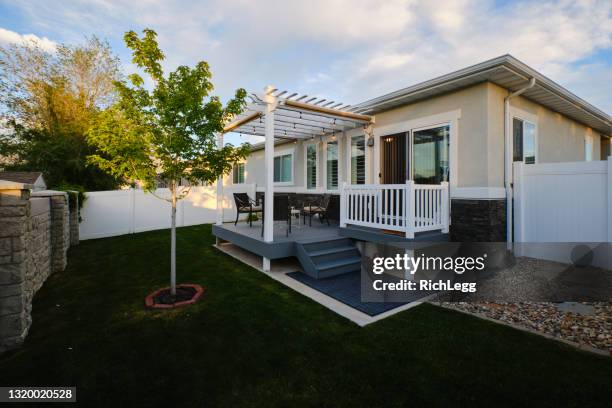 backyard deck and pergola - new deck stock pictures, royalty-free photos & images